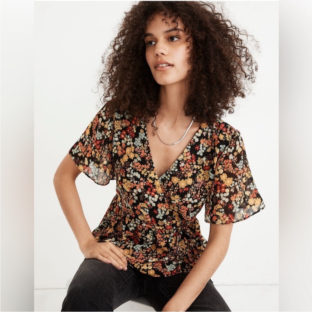 Madewell Short-Sleeve Floral Peplum Wrap Top - Black and Orange Floral Garden
